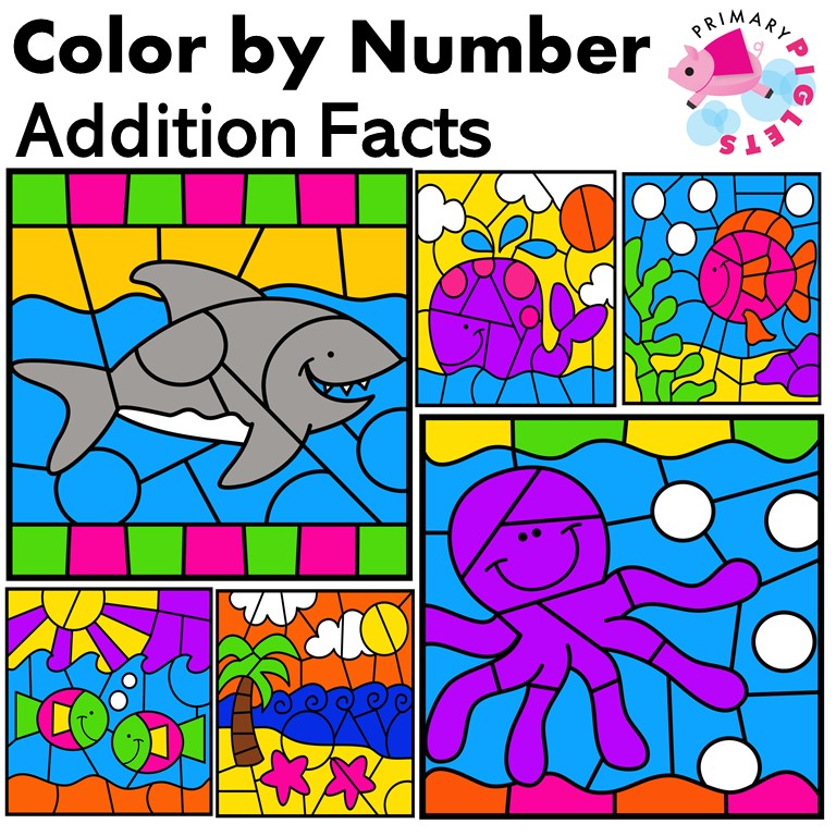 Color by Number Addition Ocean Set Worksheets