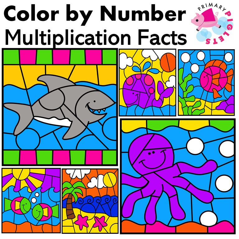 Color by Number Multiplication Ocean Set Printable Worksheets