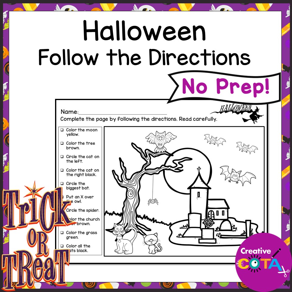 Halloween Following Directions Coloring Activity for Listening Skills printable