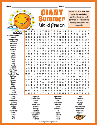 End of the School Year Activity: GIANT Summer Vacation Fun Word Search Worksheet
