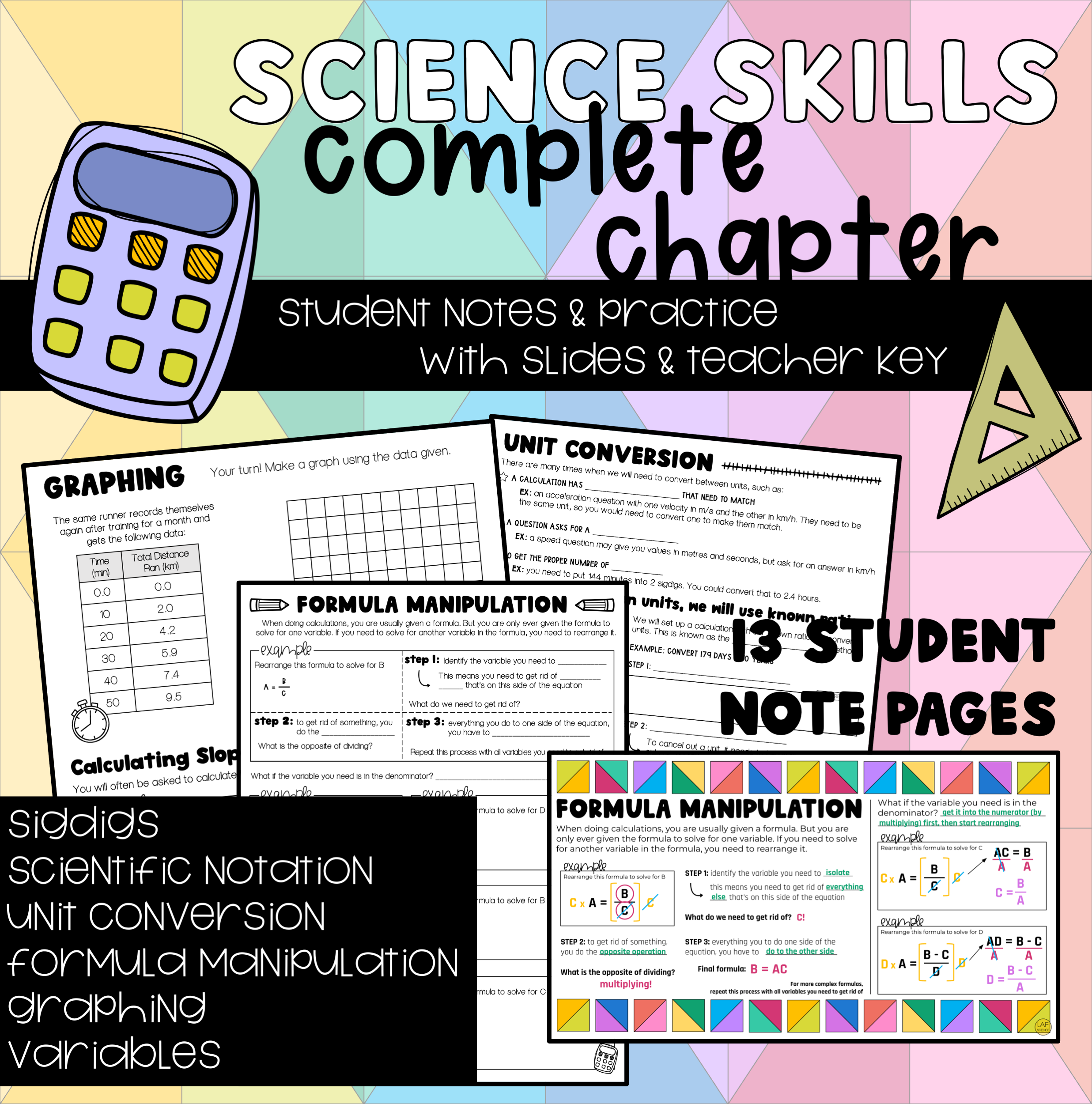 Science Skills Chapter (sigdigs, sci. notation, formula manipulation, unit conversion, graphing)