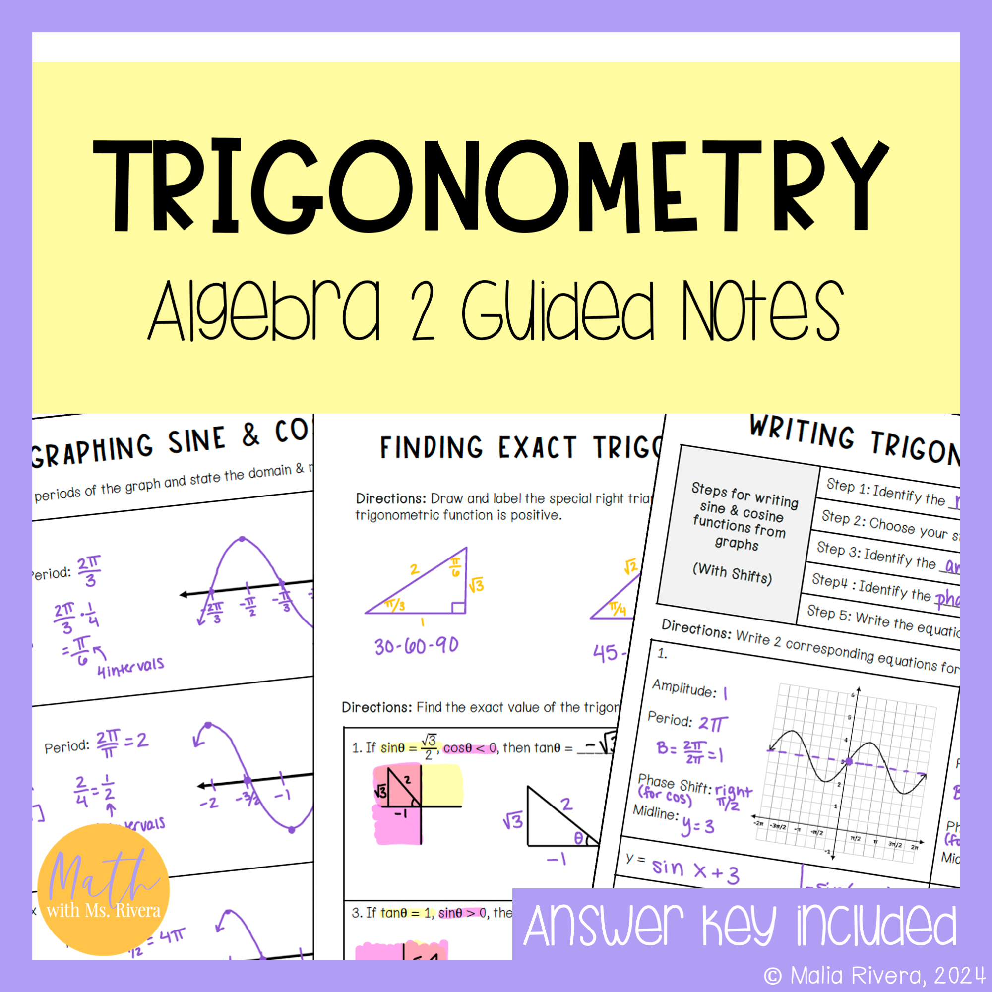 Trigonometry Guided Notes Bundle for Algebra 2 Pre Calculus