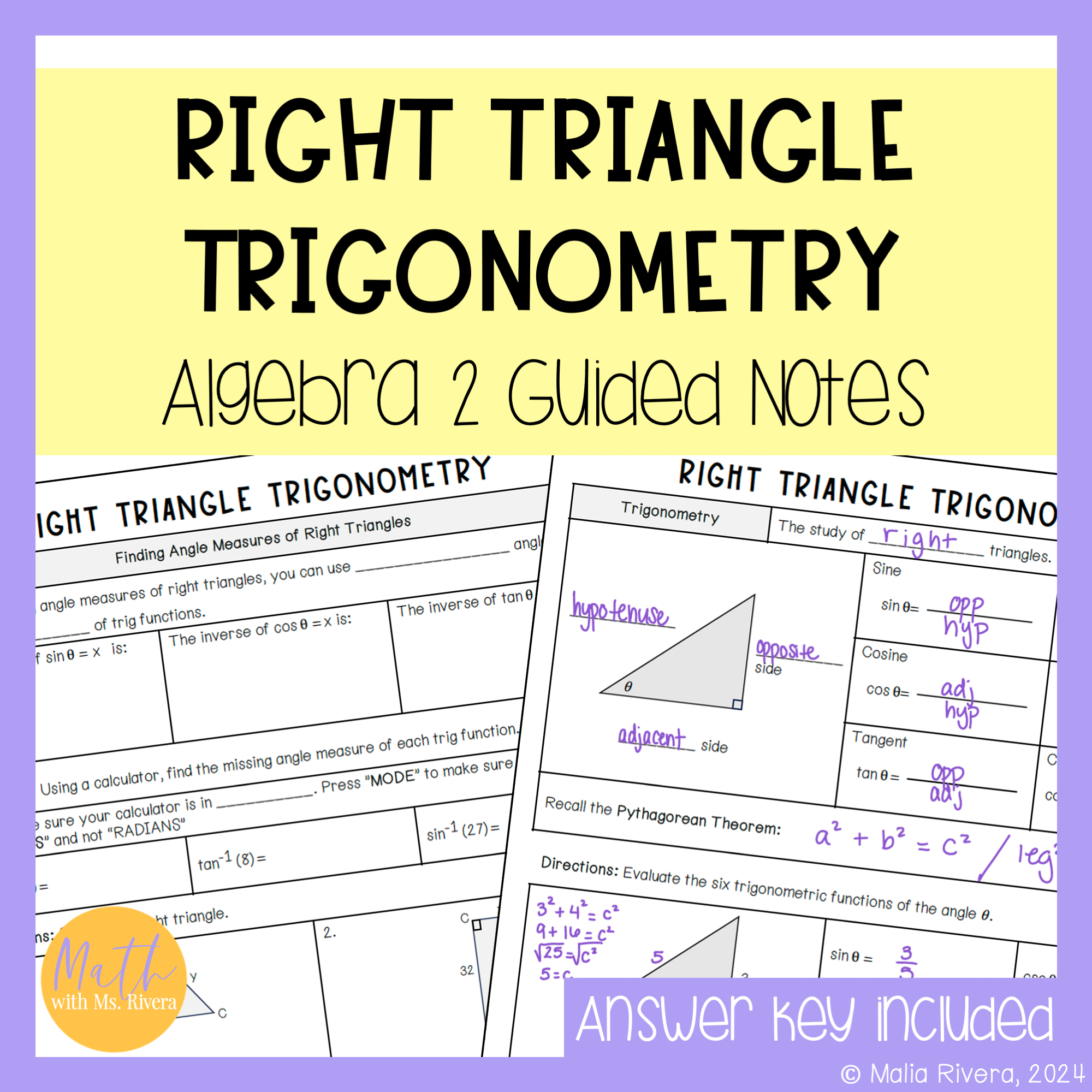 Right Triangle Trigonometry Guided Notes for Algebra 2