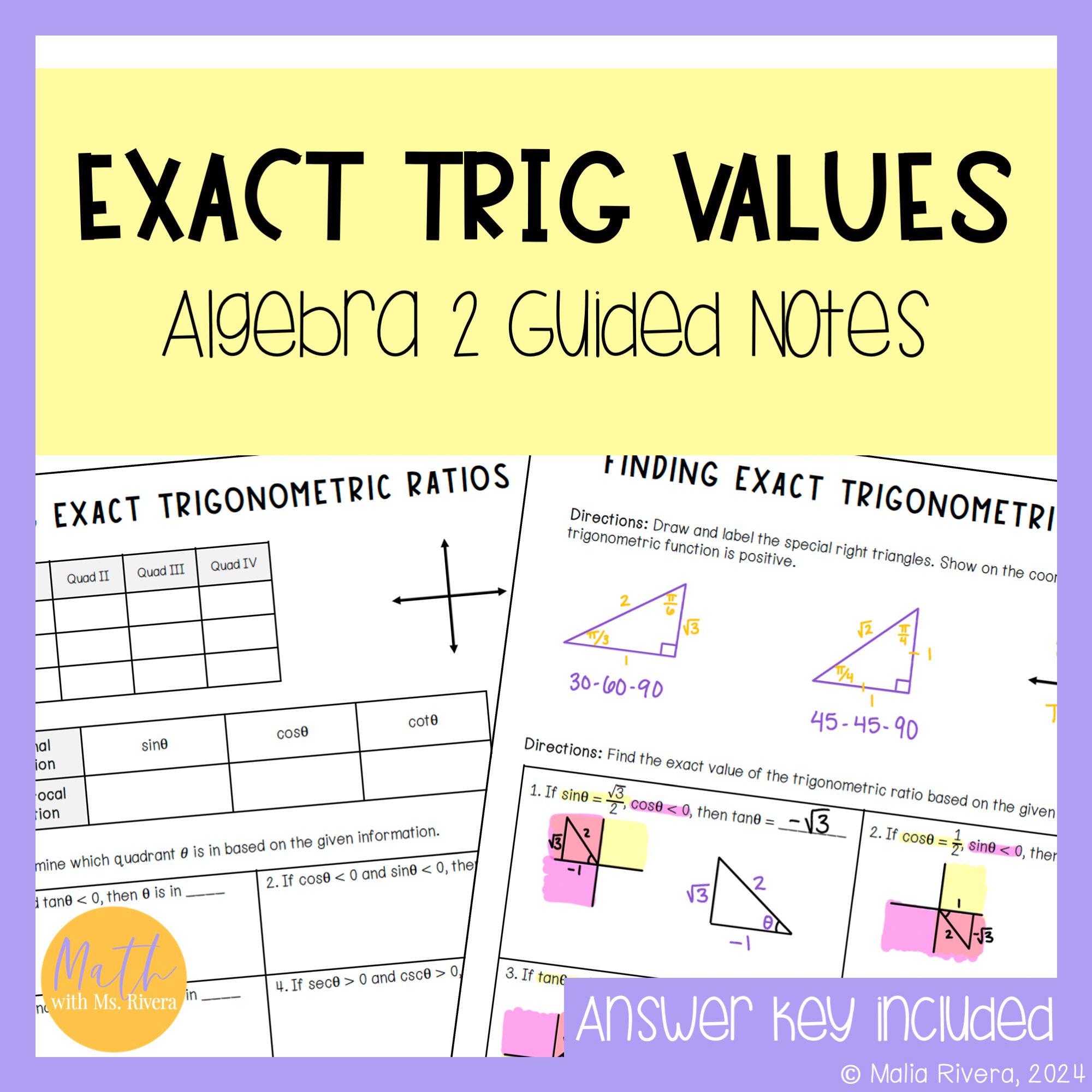 Finding Exact Values Guided Notes for Algebra 2 Trigonometry