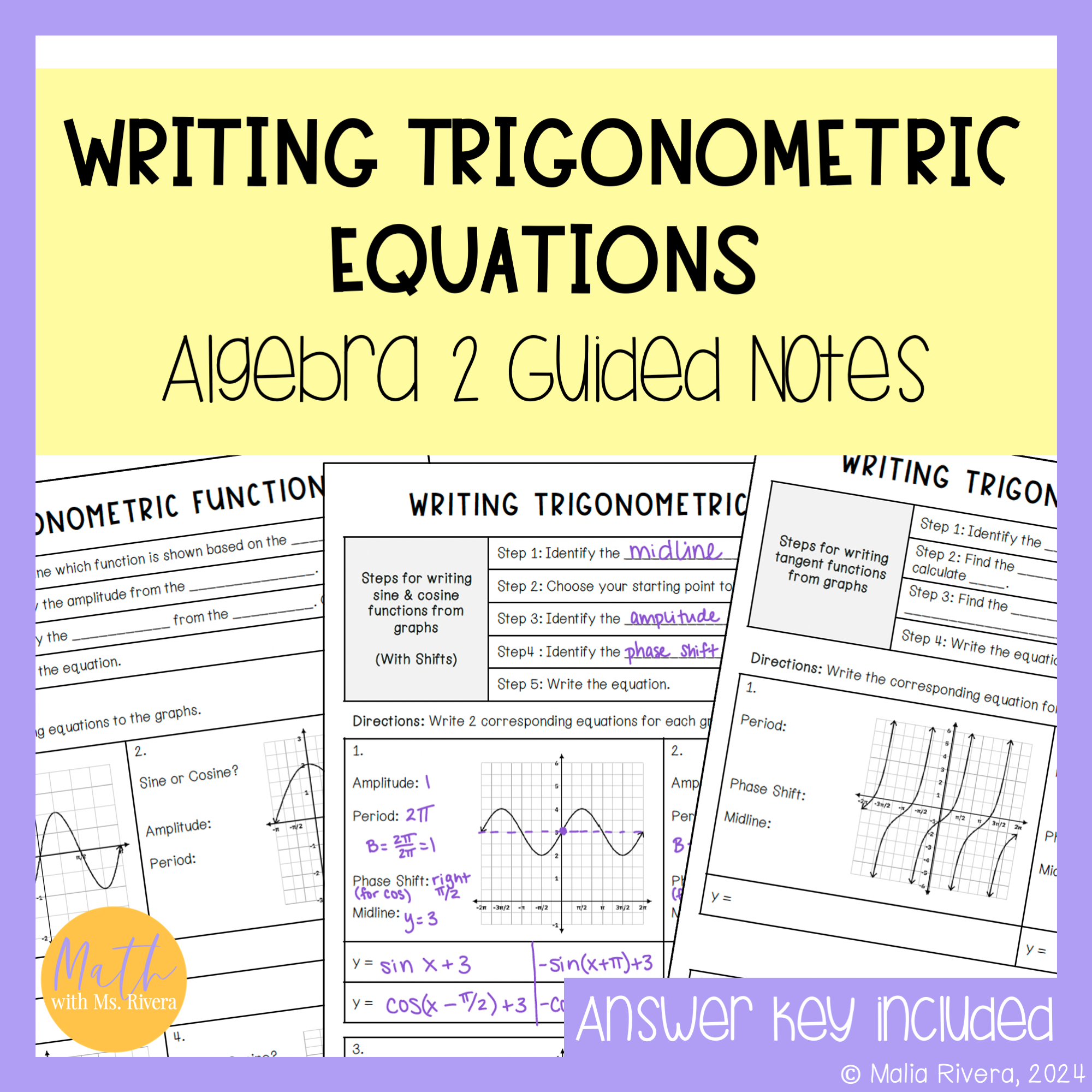 Writing Trig Equations from Graphs Guided Notes for Algebra 2 Trigonometry