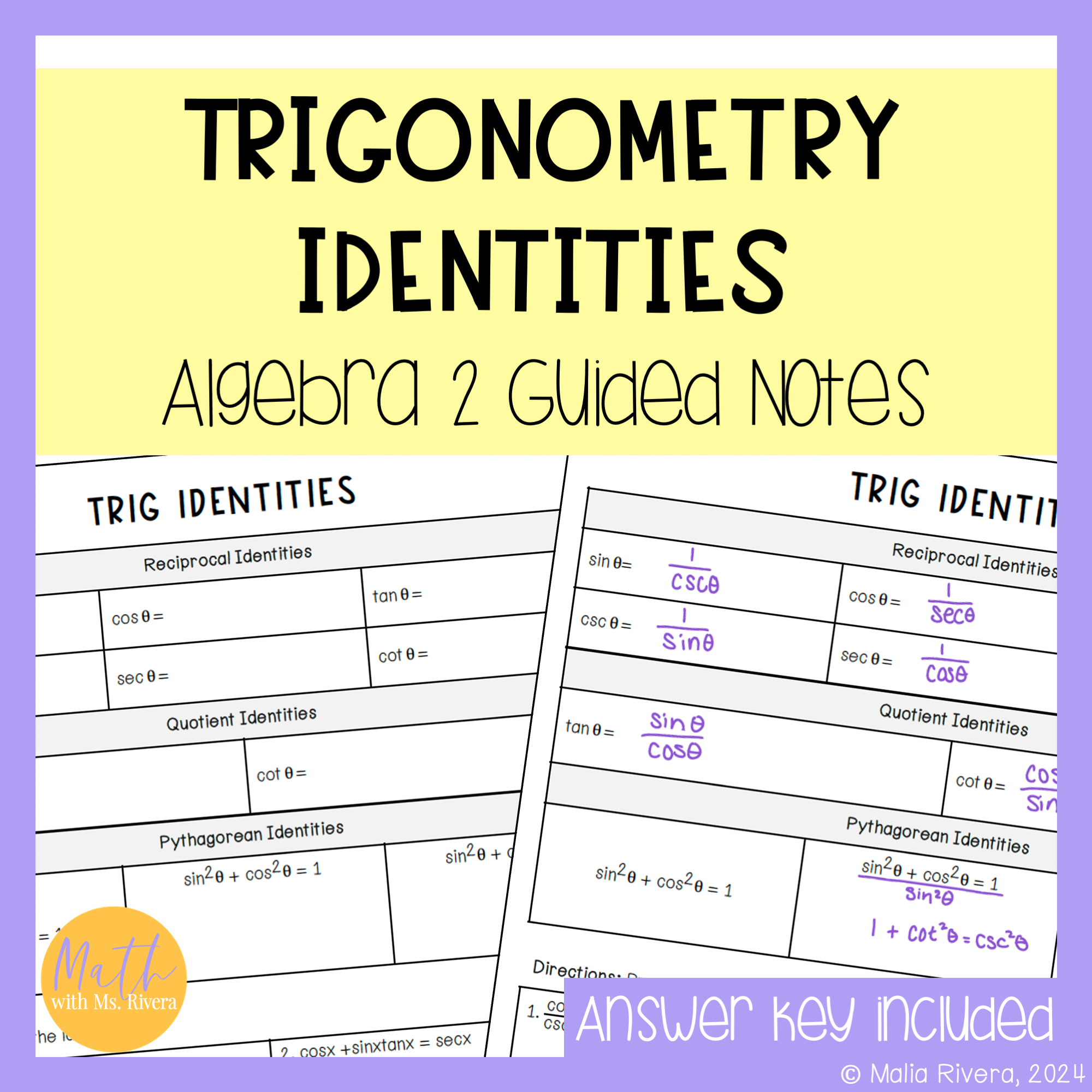 Proving Trigonometric Identities Guided Notes for Algebra 2 Trigonometry
