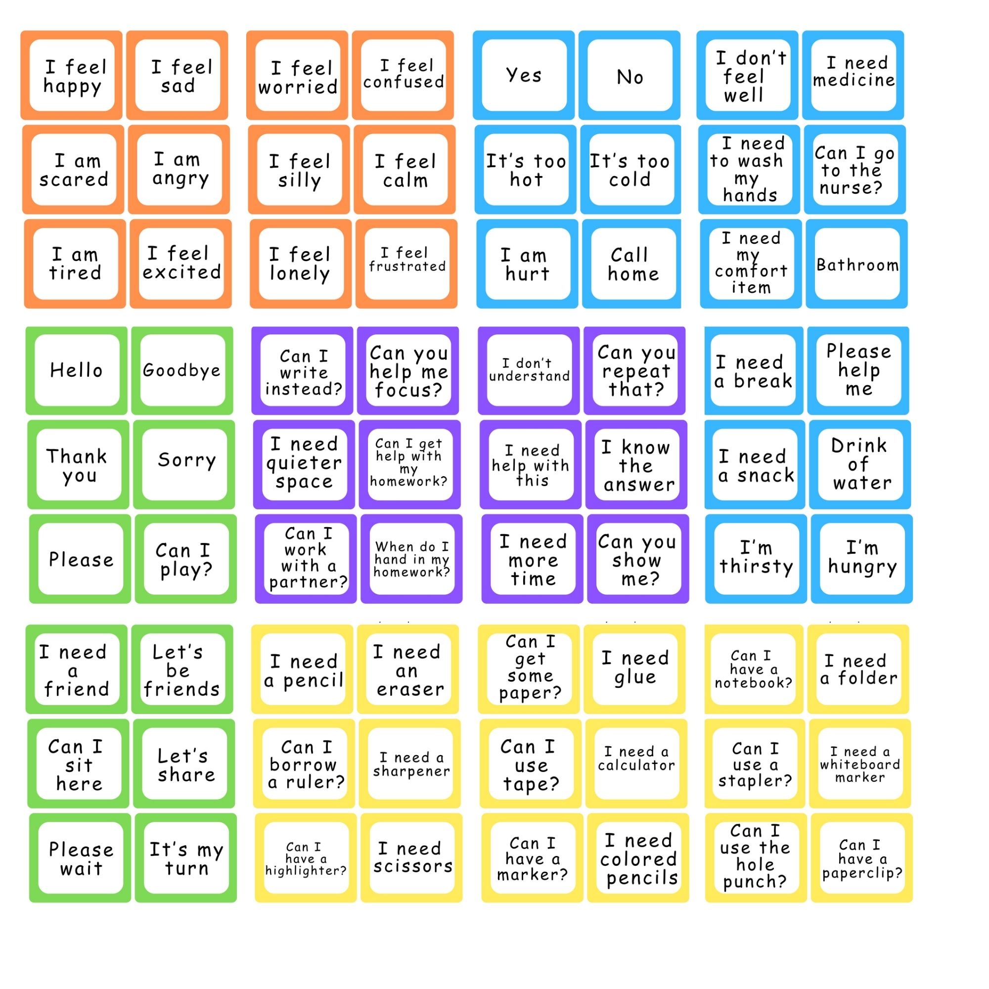 Printable Communication Cards Selective Mutism / Non verbal / Autism