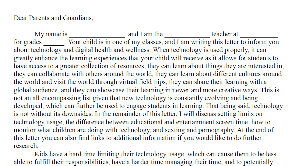 Parent and Guardian Email Template Regarding Technology